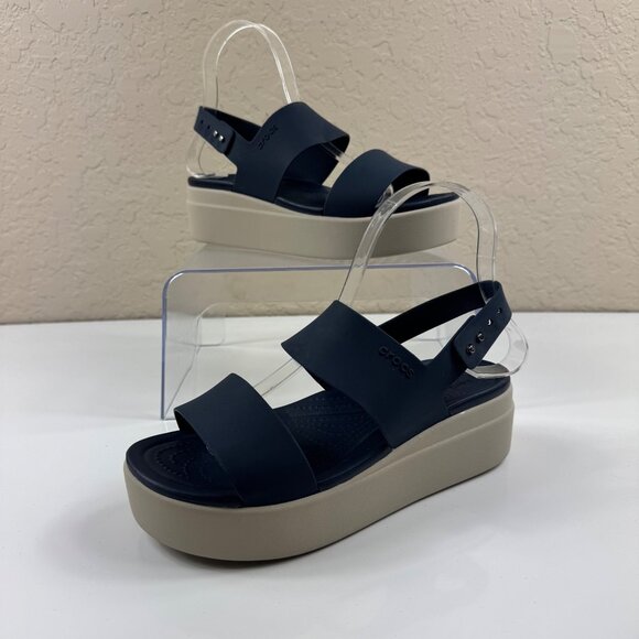 Crocs Brooklyn Low Wedge Sandals Womens 7 Navy Stucco Comfort Chunky Platforms - Picture 1 of 13